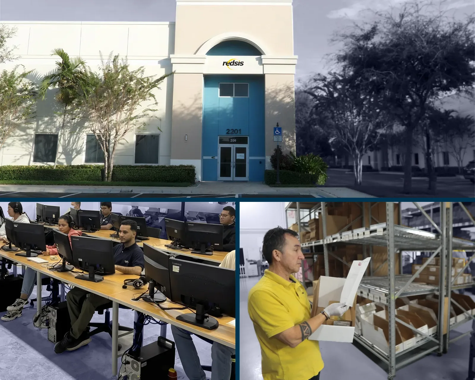 O centro da Redsis em Miramar, Florida, a equipe de suporte trabalhando e um técnico separando peças