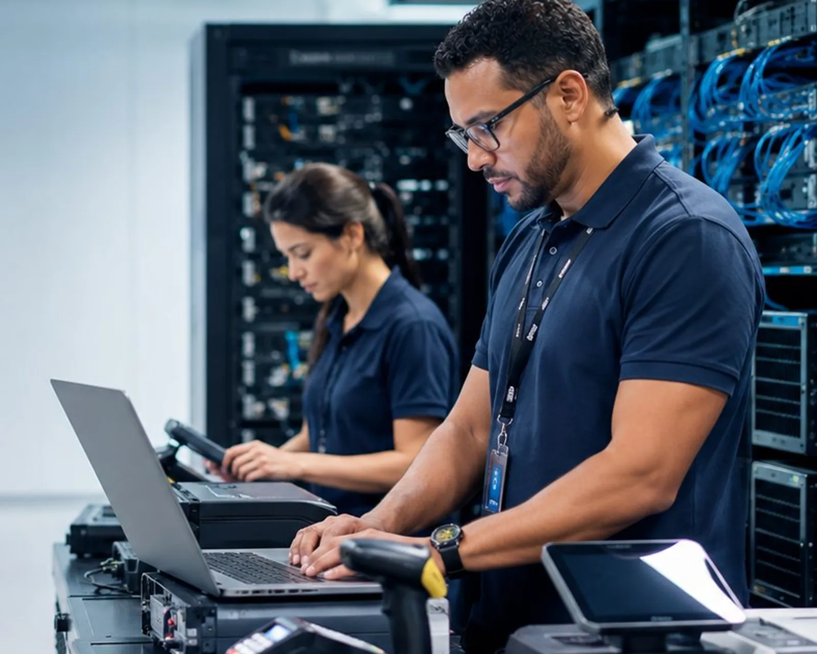 Técnicos da Redsis trabalhando em equipamentos de clientes