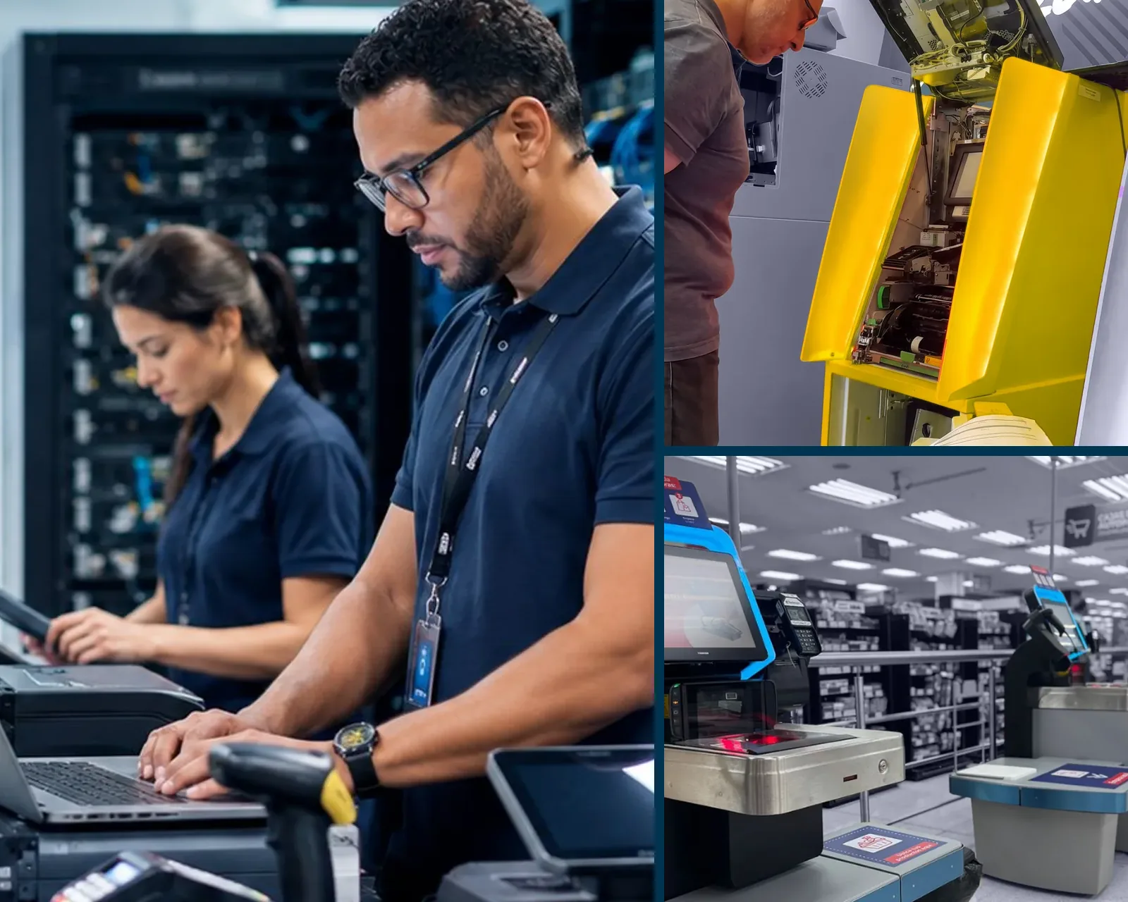Equipes da Redsis trabalhando em sistemas de data center, um caixa eletrônico e caixas de autoatendimento